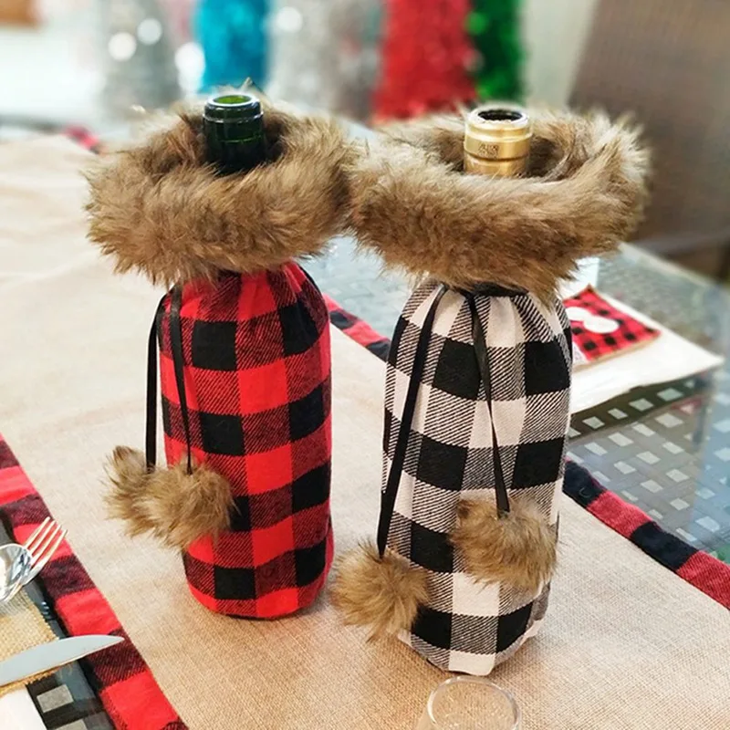 New Christmas Decorations Red Wine Bottle Covers Set Kitchen Santa Sacks Buffalo Plaid Home Decoration Accessories