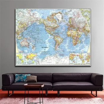 

World Map Wall Sticker 1960 Classic Edition Wall Art Painting Retro Physical World Map for School Office Home Travel Supplies