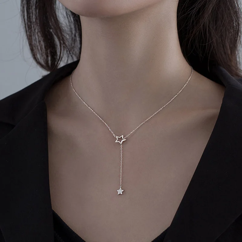 Hot Sale Exquisite 925 Sterling Silver Five-Pointed Star Necklace Shiny Zircon Star Pendant Clavicle Chain For Girl NK060 - Image 6