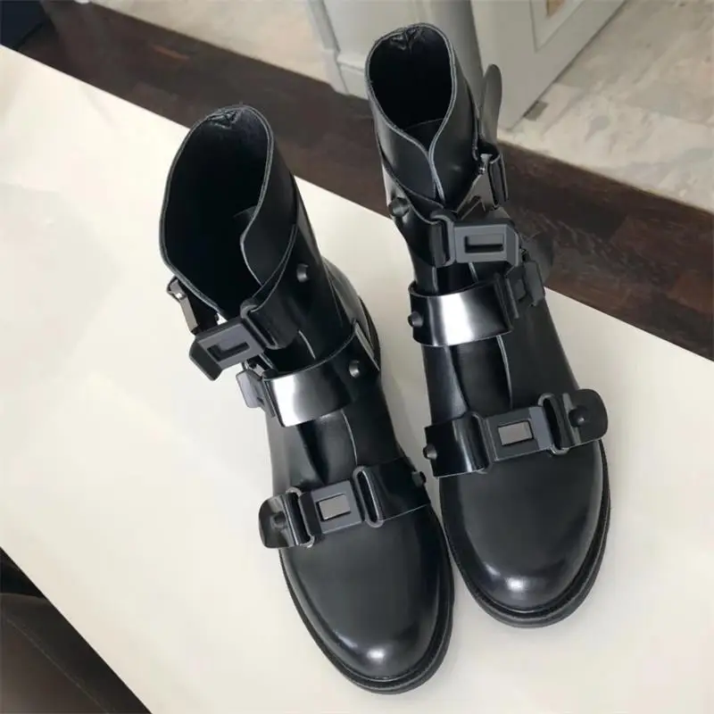 

Winter Motorcycle Ankle Boots Platform Black Women Shoes Round Toe Cool Ins Genuine Leather Ladies Shoes Woman Bota Feminina