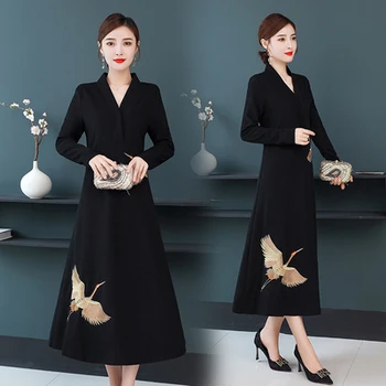 

2020 Winter Women Dress Elegant Long Overcoat Office Lady Cartoon Embroidery V-neck Robe Femme Plus Size Dresses Roupas Feminina