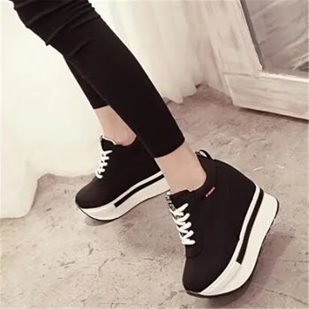 

Spring Autumn new wedge single shoes 12 cm casual Canvas increased within Muffin women's shoes simple fashion high heels Black