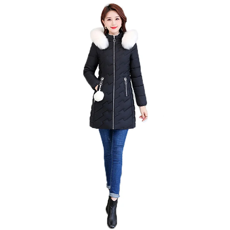 

Down Cotton Coat Women 2021 Winter New Korean Version Mid-length Fashion Hooded Fur Collar Warm Cotton Jacket N1544