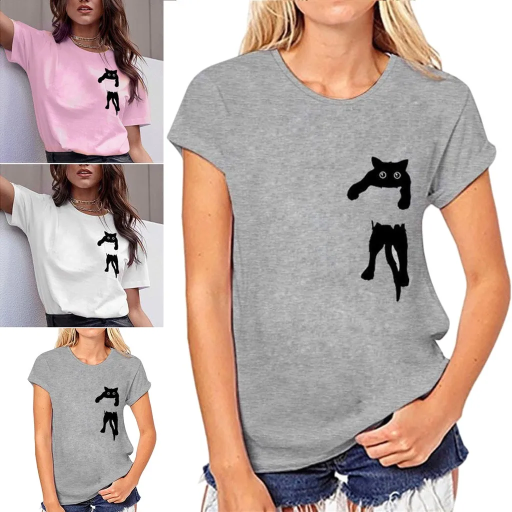 Women Cat Print T-shirt Loose summer Short Sleeve tops Casual Simple Pullover Tops cotton elastic tees ropa mujer 2020 | Женская одежда