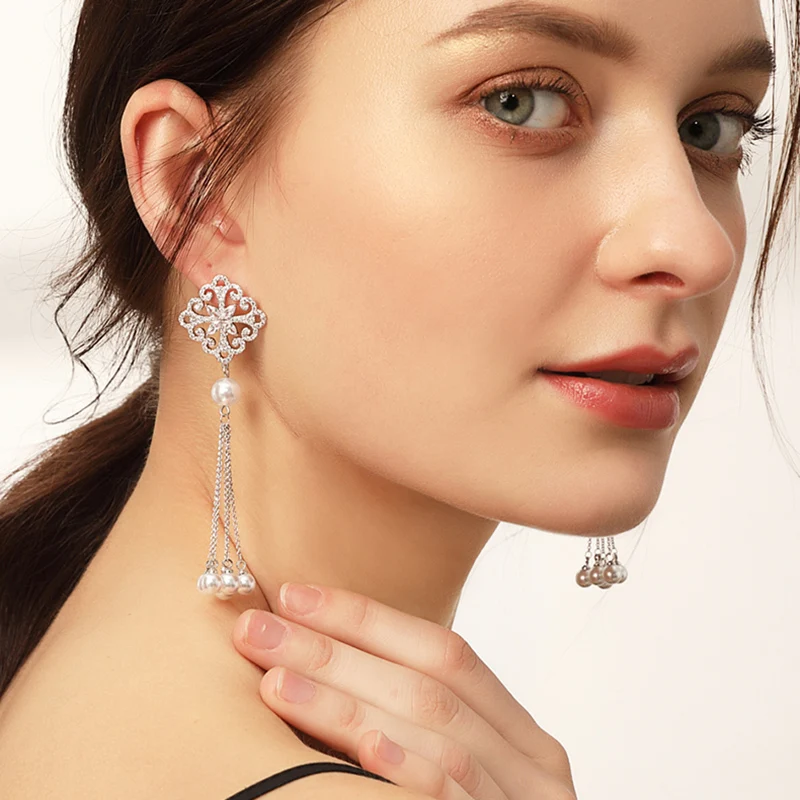 Серьги-гвоздики из серебра S925 пробы, новая мода, полые цветы, жемчуг и CZ кисточка, цепочка, подвеска, серебряные серьги, свадебные женские ювелирные изделия