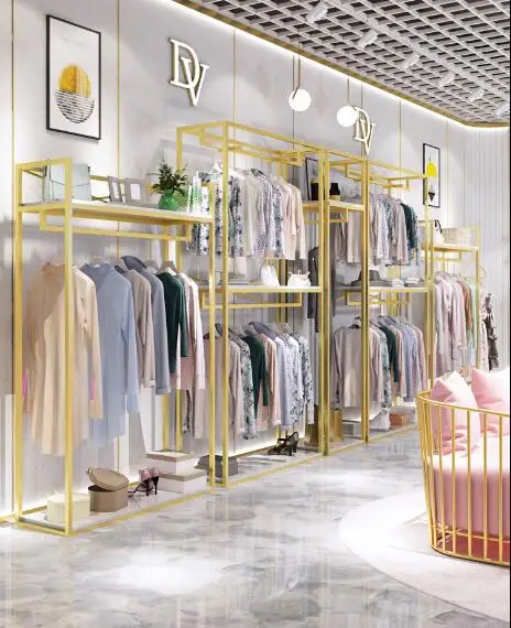 

Clothing store display rack against the wall combination hanger floor shelf