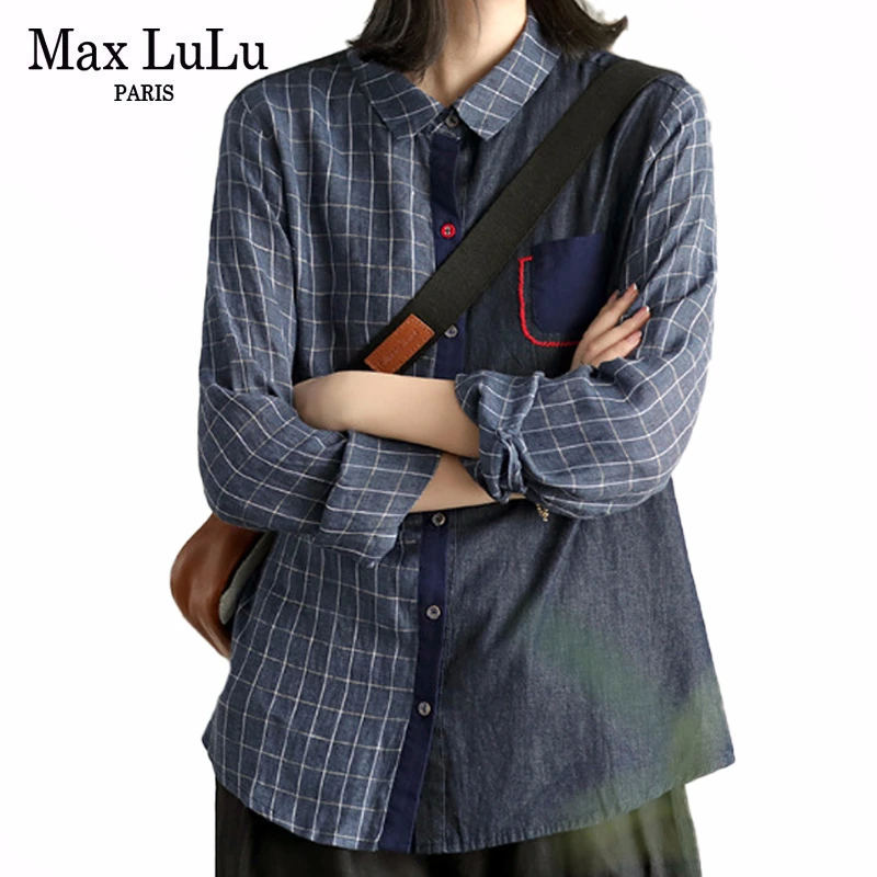 Max LuLu осень корейские модные женские Винтажные льняные рубашки женские клетчатые Топы хлопковые блузки с карманами Chemise Повседневная Уличная одежда