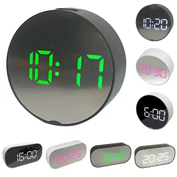 

Smart Digital Alarm Clock LED Night Kids Bedroom Mini Portable Round Oval Digital Display Alarm Clock Night Light Makeup Mirror