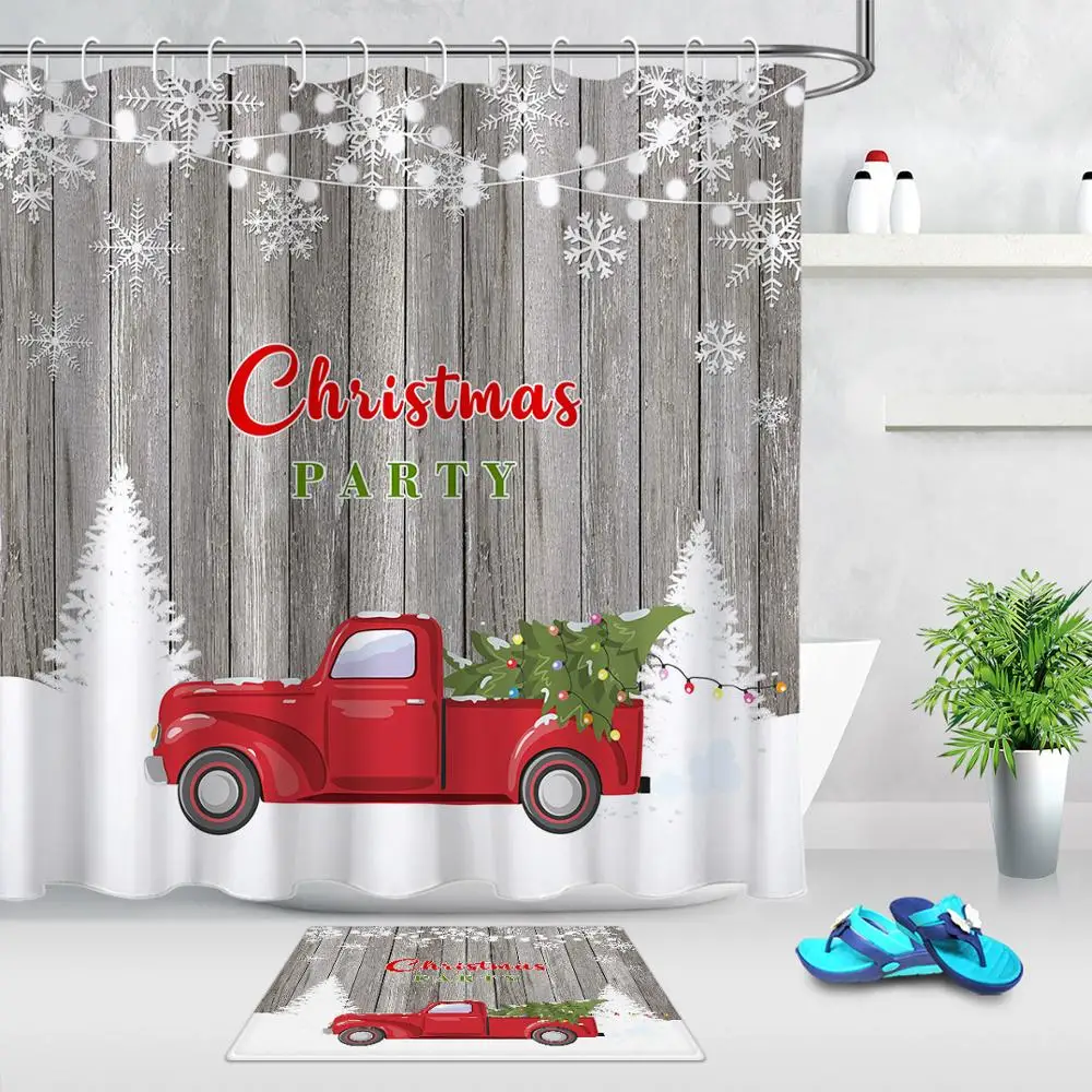Red Truck Christmas Balls Green Fir Tree Shower Curtain Sets For Bathroom Decor 