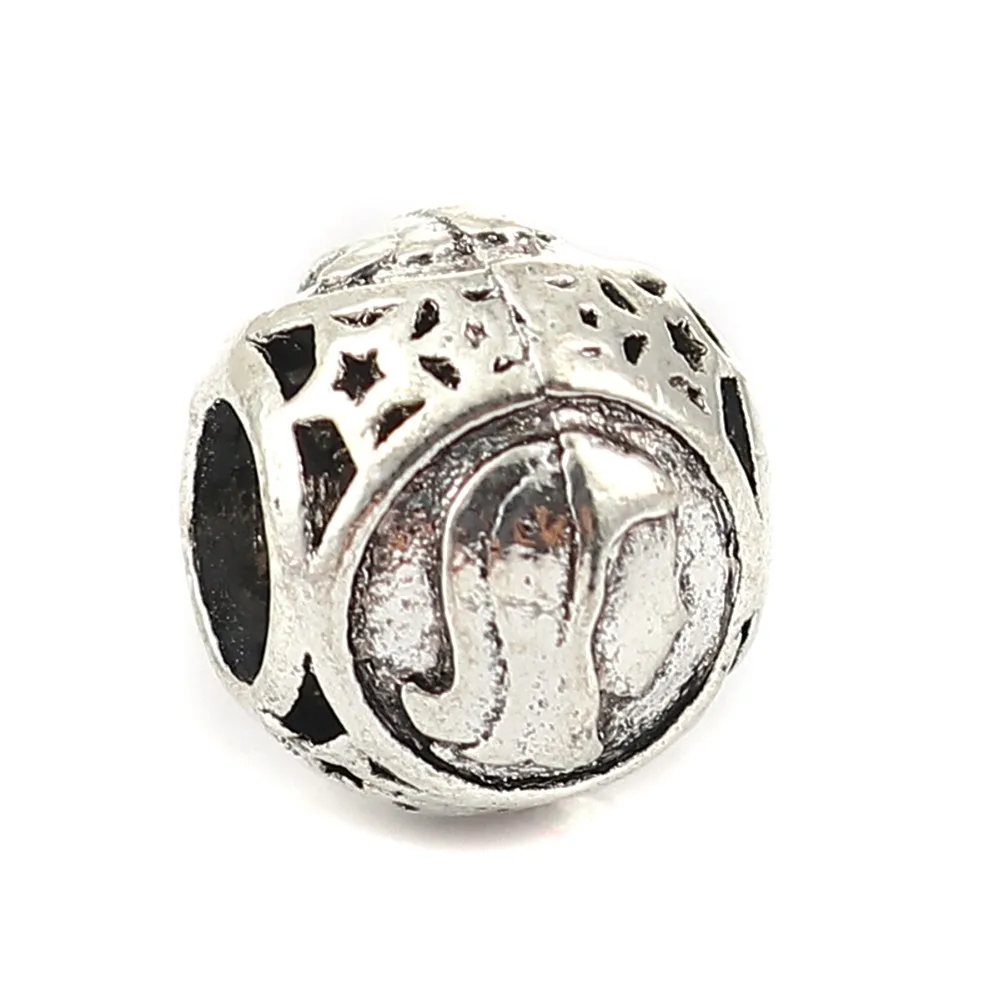

Doreen Box Zinc Based Alloy European Style Large Hole Charm Beads Round Antique Silver Constellation Sign 11mm( 3/8") 10 PCs