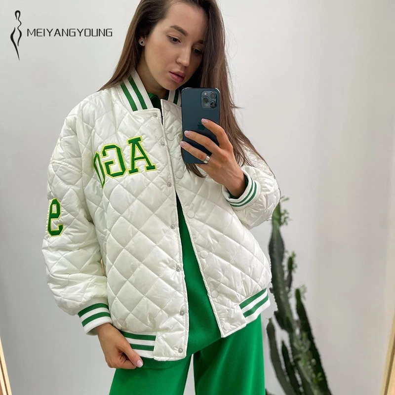 

MEIYANGYOUNG Green Print Oversized Jacket Women Autumn Winter Cotton Parkas New Baseball Bomber Coat Long Sleeve Y2K Outfits