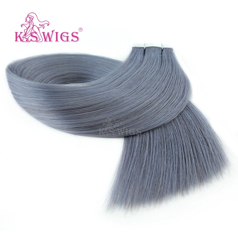 K.S парики 16 ''20'' 24 ''прямые Remy человеческие волосы серый цвет двойной нарисованной кожи уток ленты в наращивание волос