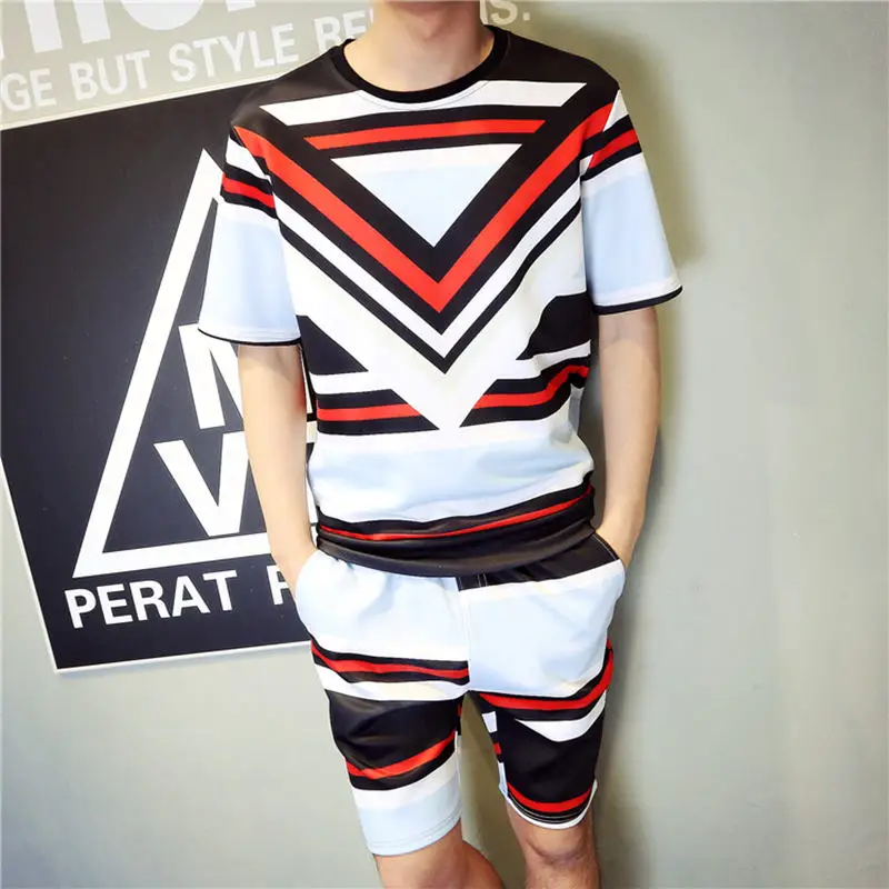 

Plus size M-5XL Summer Baroque Brand T-shirt+Shorts Mens Set Red Black 3D Stripe Print Unisex Sportwear Clothing 2 Piece Sets