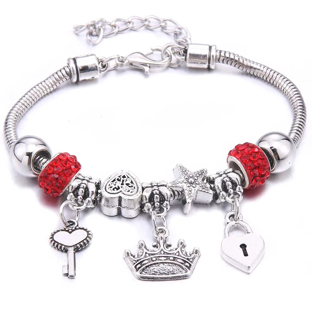 Antique Crown key lock Shape 6-colors crystal Charm Bracelets for Women Glass Beads Brand Bracelet & Bangle DIY Jewelry Gifts