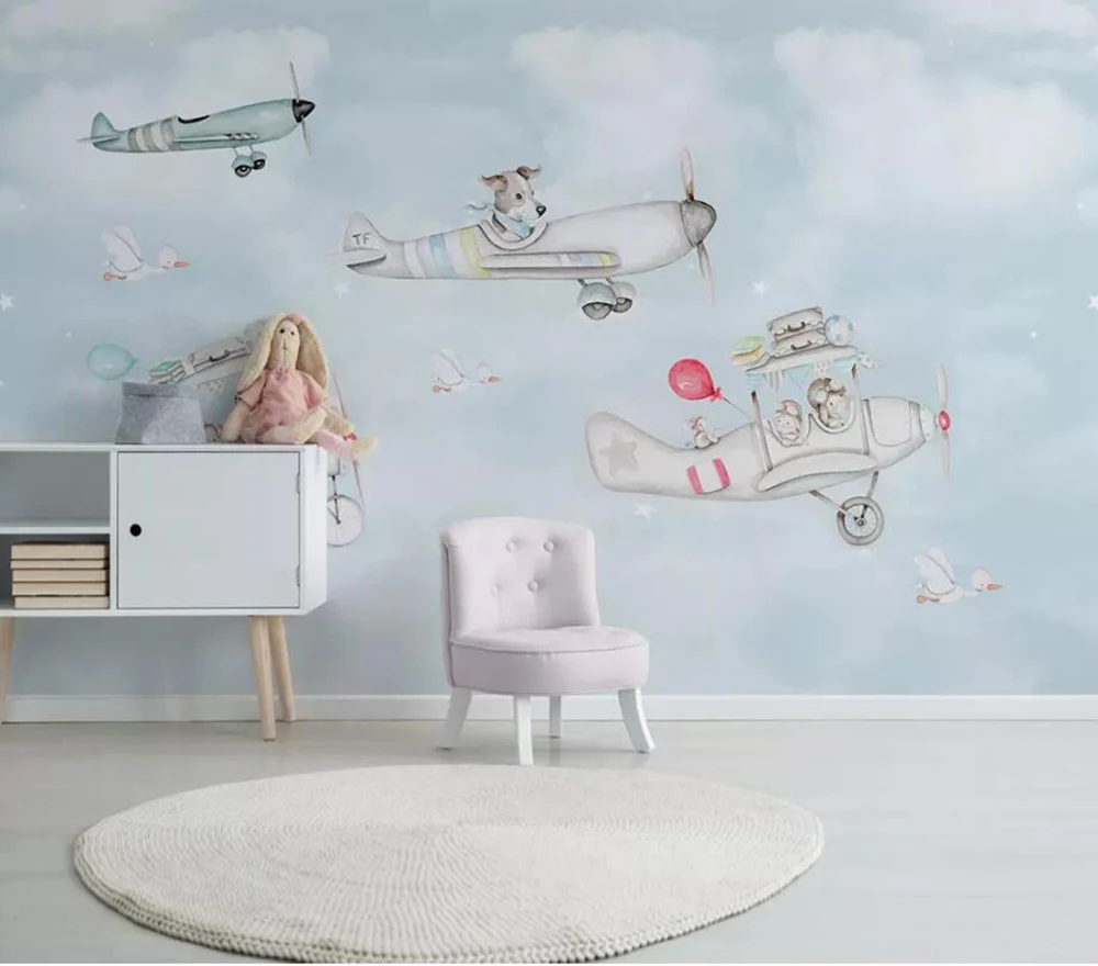

Drop Shipping Custom 3D Wallpaper Murals Simple Hand-painted Cartoon Animal Aircraft Children Room Wall Decoration Wallpaper