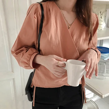 

ZCWXM 2020 V Neck Solid Blouse Lace Up Women Bandage Sweet Elegant OL Spring Shirts Long Sleeve Blusas Fashion Elegant