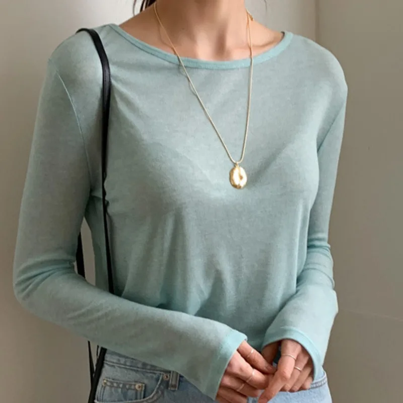 Mint Green Shirts Women Round Neck Long Sleeve Tshirt Spring Casual