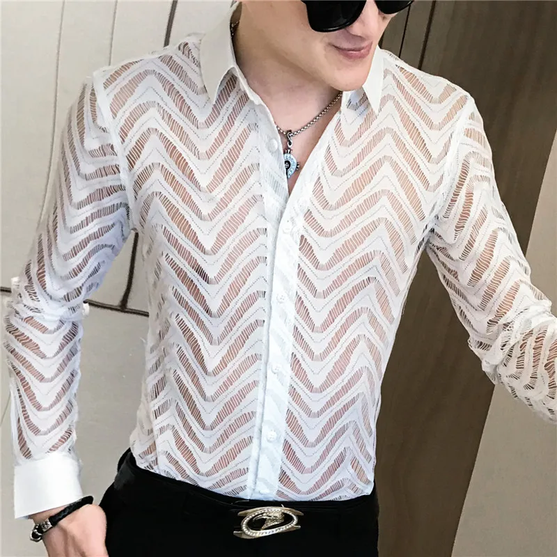 Stitching Striped Shirt Summer Men Transparent Lace Cutout Shirt Camisa Long Sleeve Slim Club Prom Party Social Masculina long sleeve shirt men see shirt