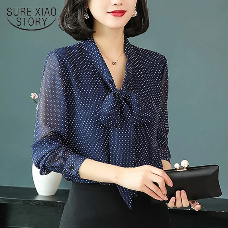 

Autumn Chiffon Shirt Temperament Shirt Long Sleeve New Ladies Bow Tie Top Shirt Print Polka Dot Women Blouses Plus Size 6107 50