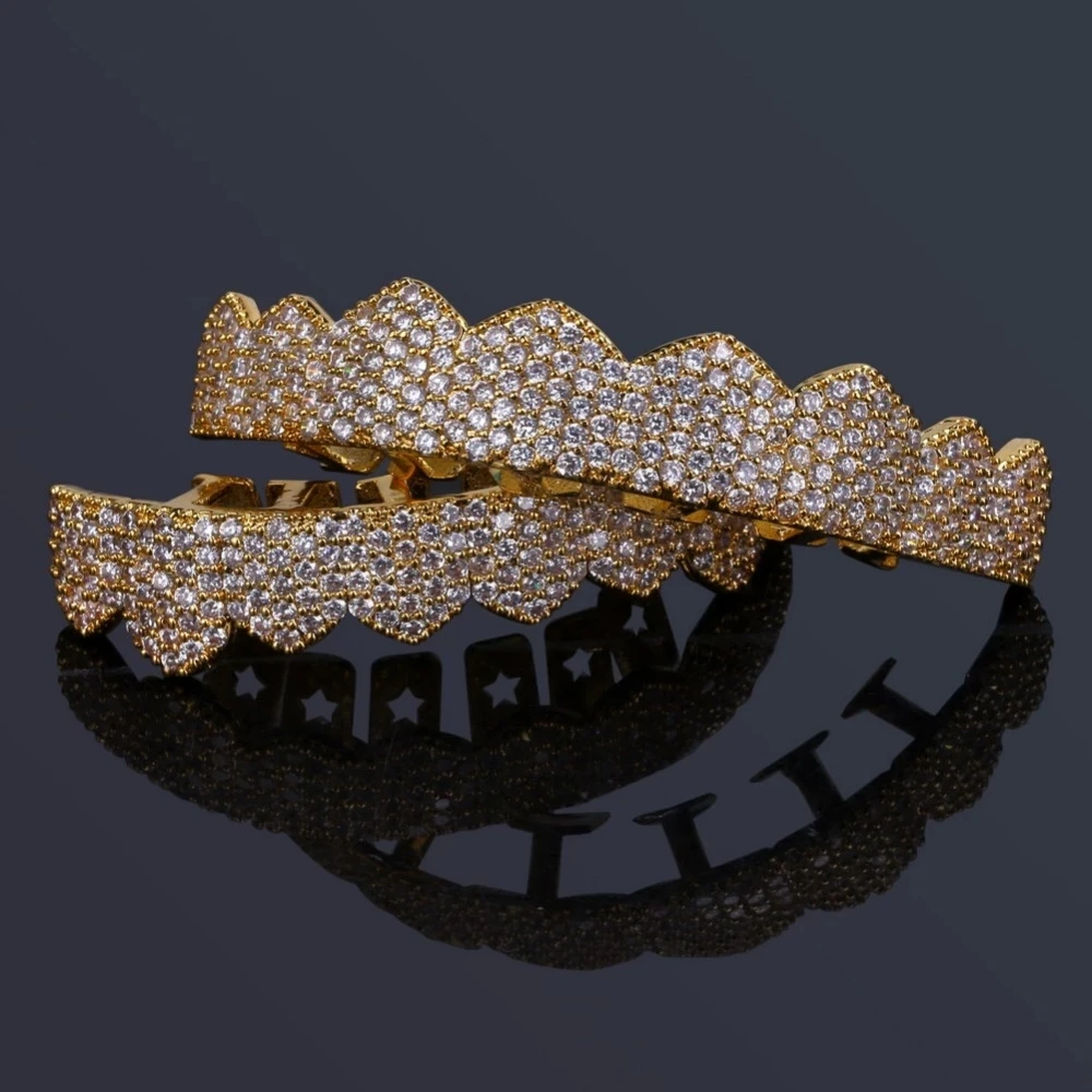 TOPGRILLZ Fit Gold Silver Color Iced Out Hip Hop Teeth Grillz Micro Pave Cubic Zircon Top & Bottom Teeth Grills Set TOPGRILLZ Fit Gold Silver Color Iced Out Hip Hop Teeth Grillz Micro Pave Cubic Zircon Top & Bottom Teeth Grills Set