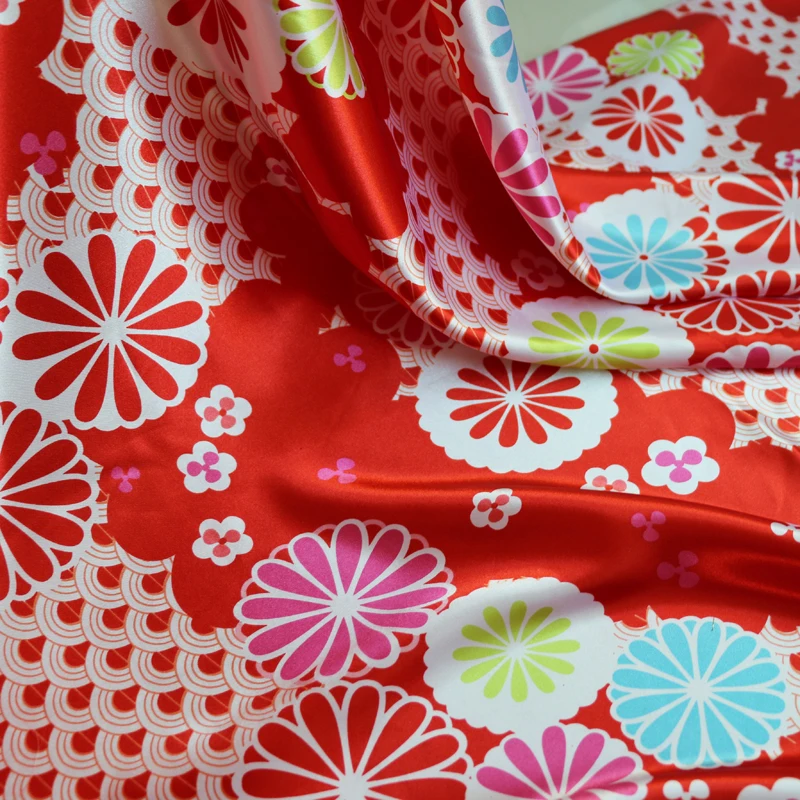 

100cm*148cm Polyester Satin Fabric Soft Material Lining Red Floral Bohemian