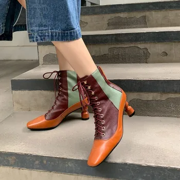 

Womens Ankle Boots Genuine Leather Match Colors Pointed Toe Lace Up Strange High Heel Shoes New 2020