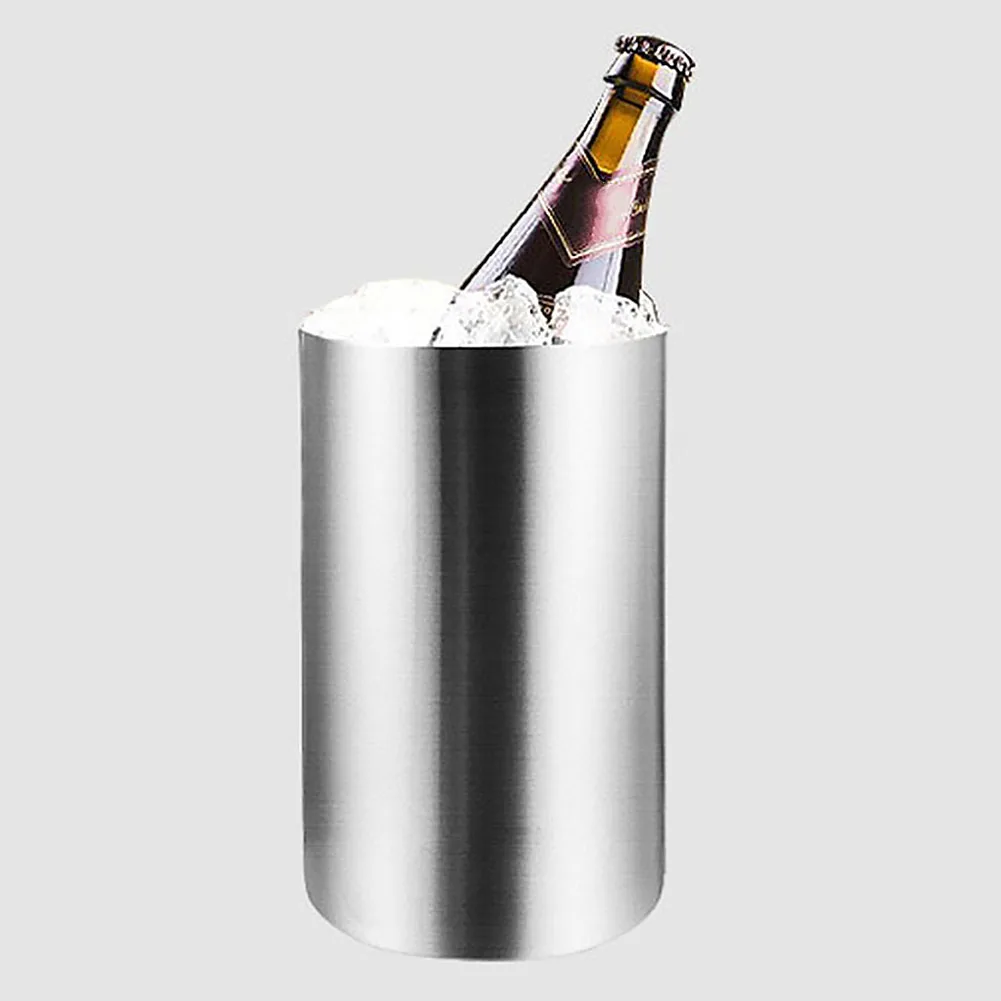 Stainless Steel Double-Walled Heat Insulated Ice Cube Bucket Round Container Bucket Wine Ice Cooler Beer Cabinet Kitchen Tool