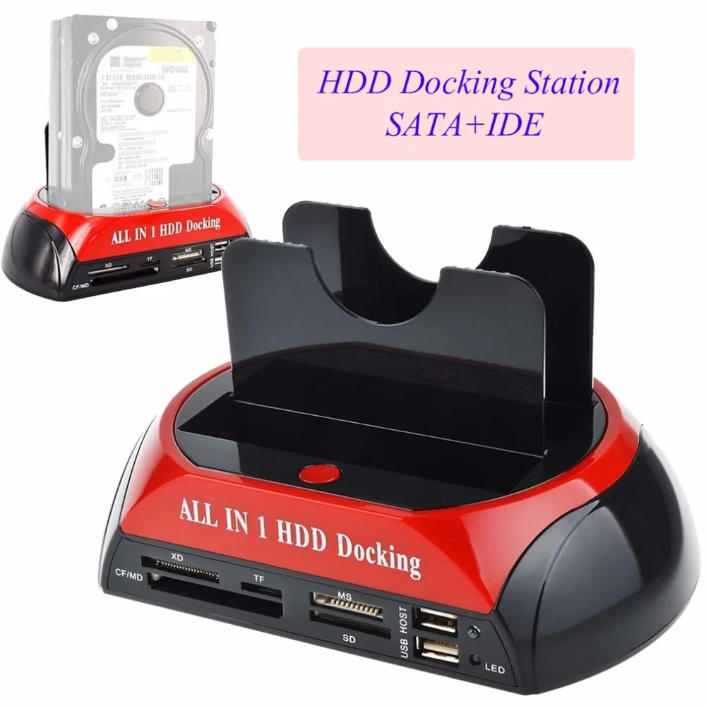 Многофункциональный HDD кард-ридер док-станция двойной USB 2,0 2,5 ''3,5 дюймов IDE SATA Внешний HDD корпус жесткого диска