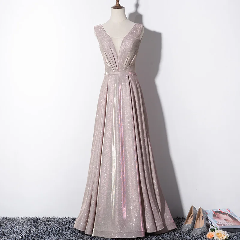 

2020 New Long Champagne Evening Dresses V- Neck Banquet Simple Elegant Dress