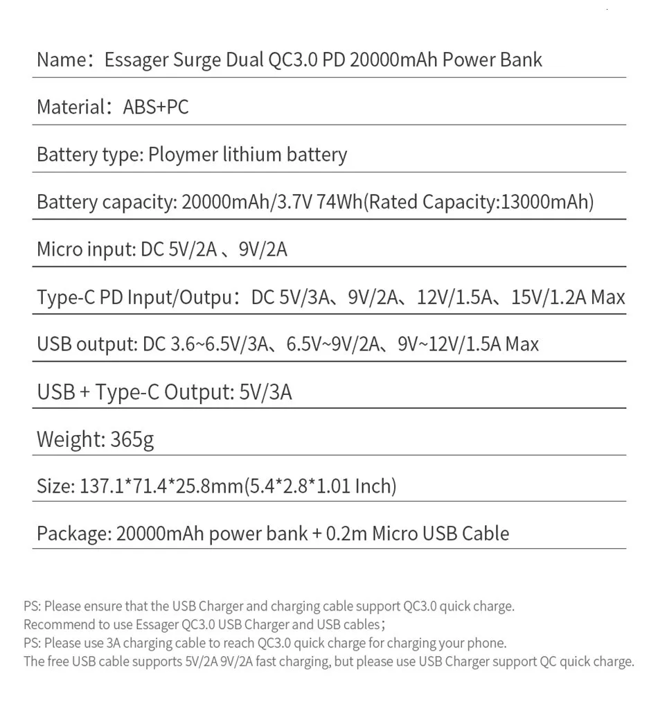 Портативное зарядное устройство Essager 20000 мА/ч для быстрой зарядки 3,0 USB C PD 20000 мА/ч для iPhone 11 Pro Max Xiaomi Mi 9 8