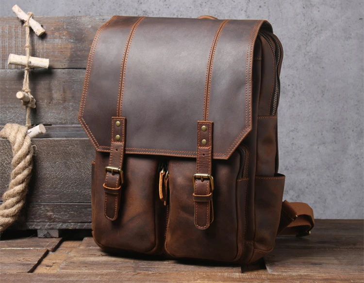 Vorderseite: Woosir Brown Leather Backpack Vintage Rucksack