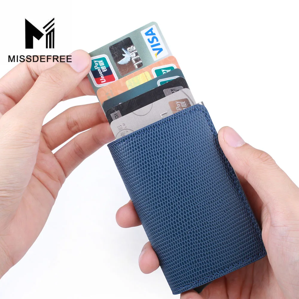 Алюминий бумажник с заднего кармана ID Card Holder RFID Блокировка мини-тонкий металлический кошелек автоматические всплывающие Кредитная карта монет кошелек