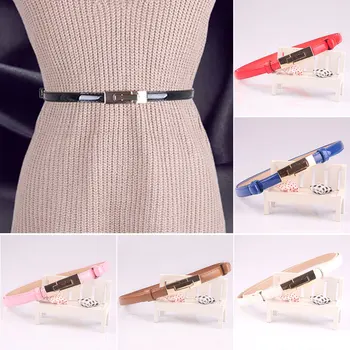 

New Fashion Thin Belts For Women Gold Rectangle Buckle Pure Color Patent Leather Adjust Length Female Waistband Accessories