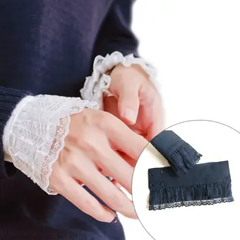 

Women Girls Decorative Chiffon Fake Flare Sleeves Floral Lace Pleated Ruched False Cuffs Apparel Wrist Warmers With Four Button