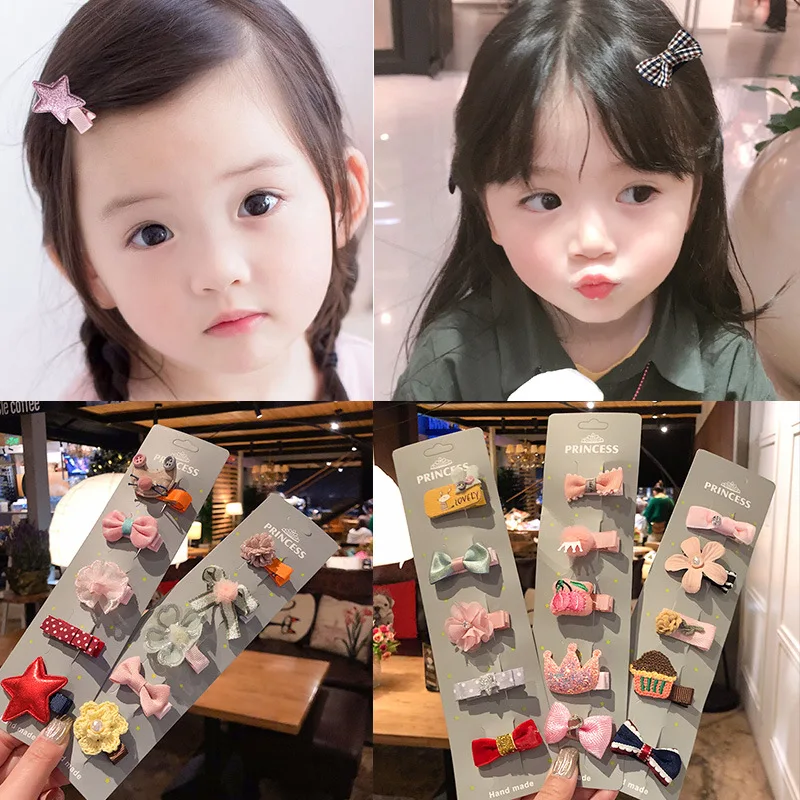

5Pcs/Set Cartoon Lace Bowknot Hair Clip Children Glitter Sequins Crown Duckbill Clip Hairpins Kids Hair Accessories Wholesale