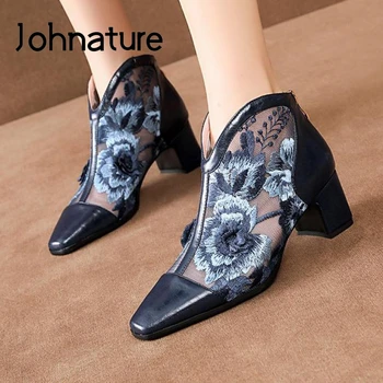 

Johnature Genuine Leather 2020 New Spring Summer Boots Zip Leisure Embroider Handmade Women Shoes Ankle Platform Summer Boots
