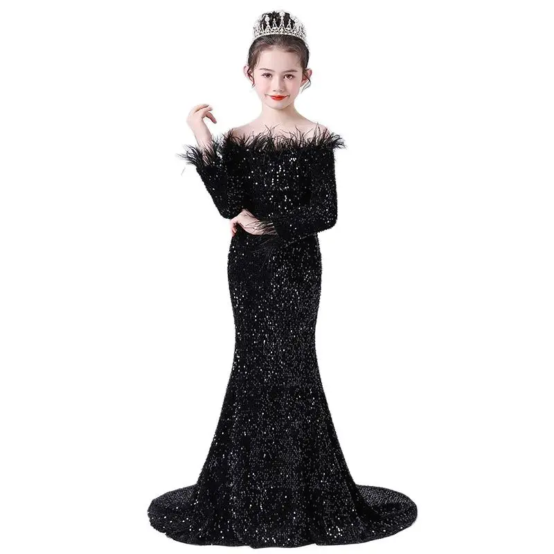 

Evening Dresses For Girls Sequined Long Mermaid Girls Party Dress Full Sleeves Teenage Dress With Feathers robe ceremonie fille
