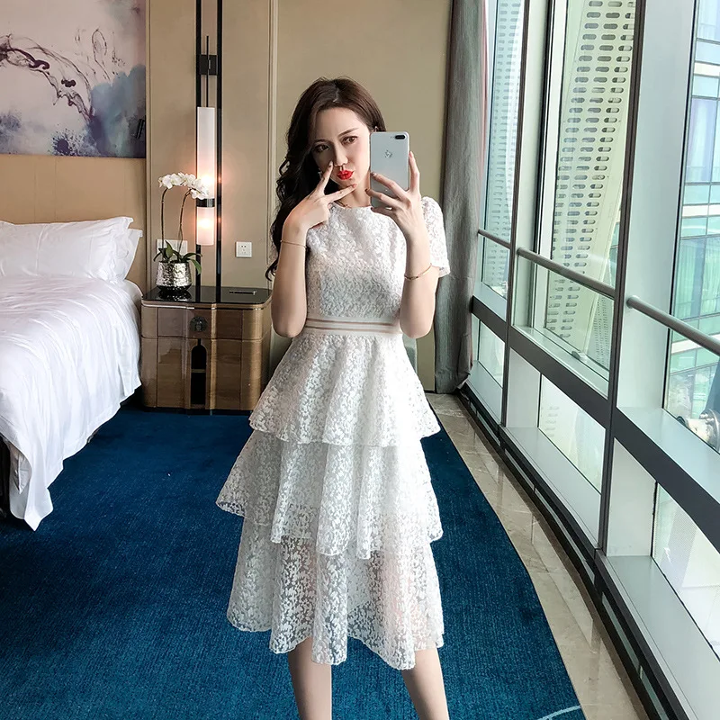 

WOMEN'S Dress 2019 Summer New Products Korean-style Elegant Crew Neck Transparent Lace High-waisted Slimming Mid-length Cake Dre