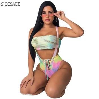 

Tie Dye Printed 2 Piece Set Women Beach Style Bodycon Bodysuit Strapless Bandage Backless Halter Outfits Ribbons Lace Up Sexy