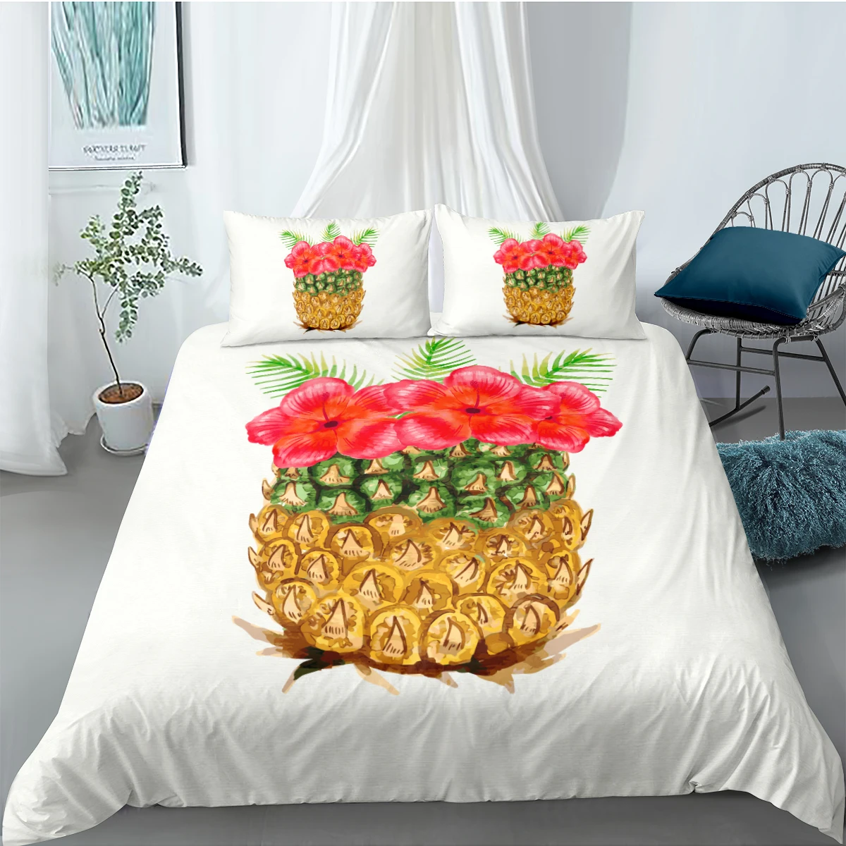 

Pineapple Beddings 3D Modern Duvet Cover Sets White Bed Linens Pillow Cases Full Double Single Twin Queen King Size 140*200cm