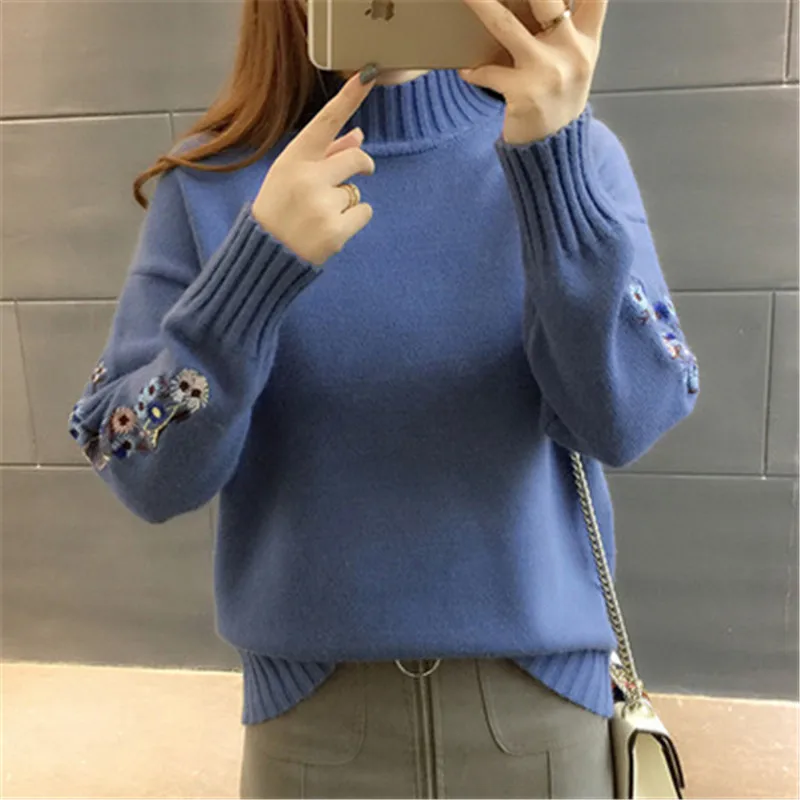 Высокое качество, Женская мода, свитер с высоким воротником, Женский Топ, женский теплый свитер с длинными рукавами, вышитый вязаный пуловер, PZ2041 - Цвет: Синий