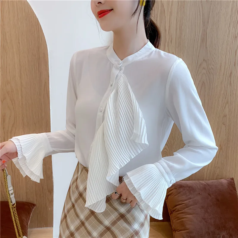 

OL Style 2019 Autum New Arrival Stand Collar Ruffles Flare Sleeve Woman Chiffon Blouse White
