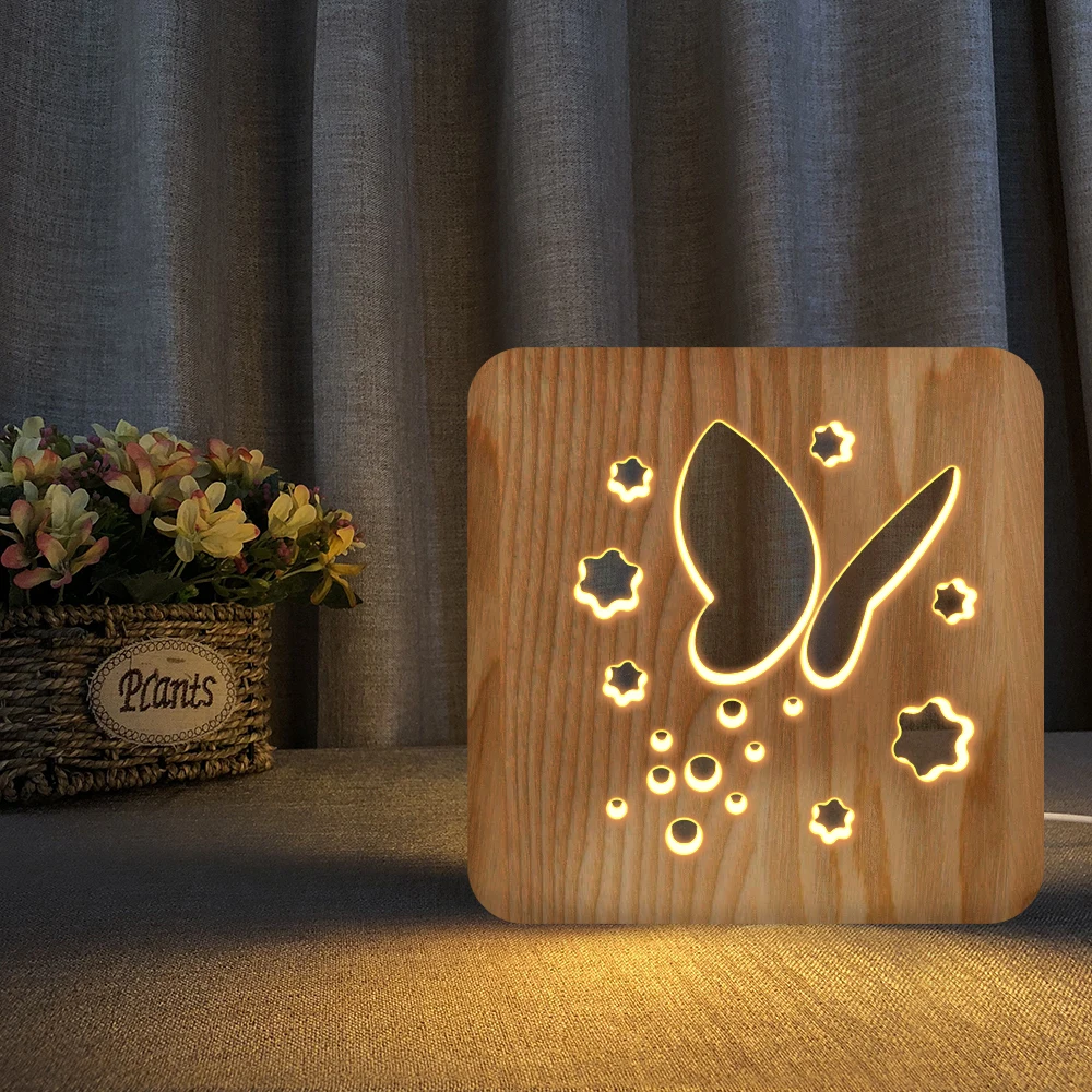 Swan Butterfly Whale 3D LED Wooden Night Light Hollow Table Lamp USB Power Desk Lights For Baby Kids Christmas New Year Gift