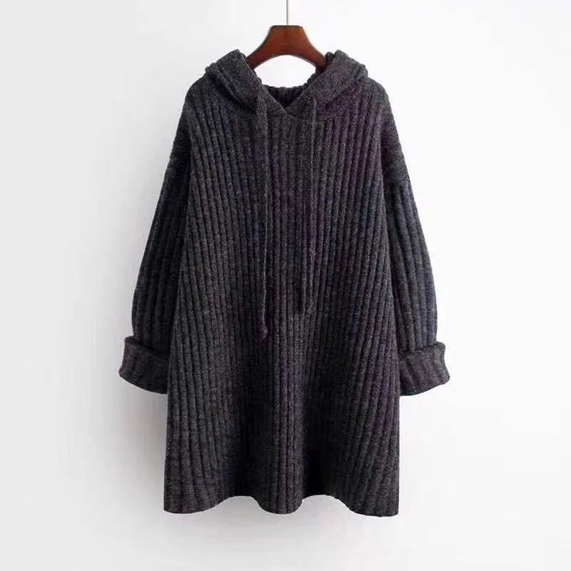 2019 New O-Neck Sweater Women Autumn Winter V-Neck Solid Color Hooded Long Sleeve Pullover Knitted Tunic | Женская одежда
