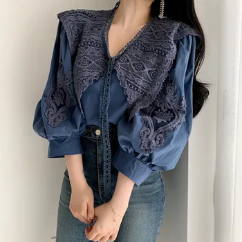 

Spring 2020 New South Korea Wild Embroidered Large Lapel Lace Decorative Lace Bubble Sleeve Shirt