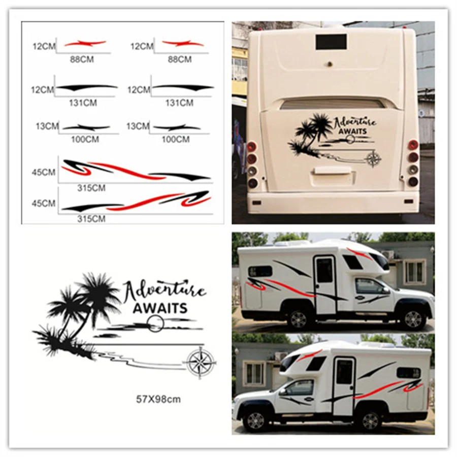 

Stripes Graphics Coconut tree Scenery Vinyl Graphics Kit Decals Car Stickers for Caravan Travel Trailer Camper Van