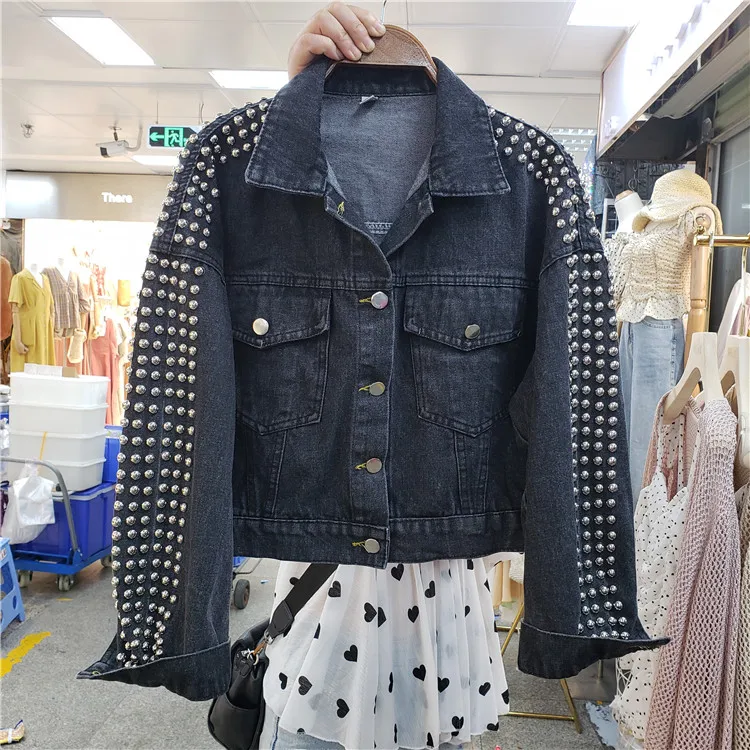 Корейский дизайн Черная куртка новая женская короткая модная куртка с заклепками рукав джинсовая повседневная куртка женская короткая