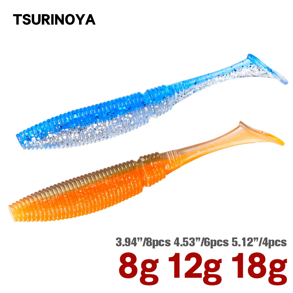 TSURINOYA 10cm 11.5cm 13cm T Tail Soft Lure 8g 12g 18g Saltwater Worm No Sinker Rig Seabass Wobbler Swimbait Bait 8pcs | Спорт и