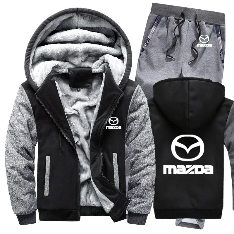 Мужские толстовки с капюшоном с логотипом Mazda, мужские толстовки с капюшоном, зимний утепленный флисовый хлопковый спортивный костюм на молнии, мужская куртка+ штаны, комплекты из 2 предметов