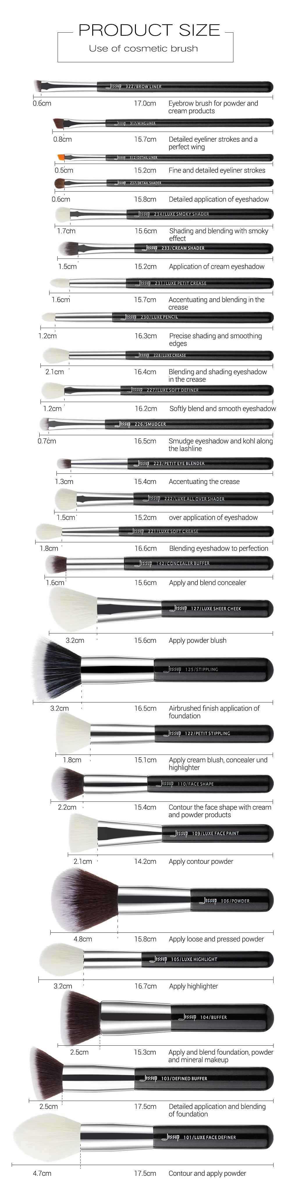 Jessup набор черных/серебряных профессиональных кистей для макияжа, набор для нанесения основы, пудры, теней для век, Кисть для макияжа, румяна, натуральные синтетические волосы
